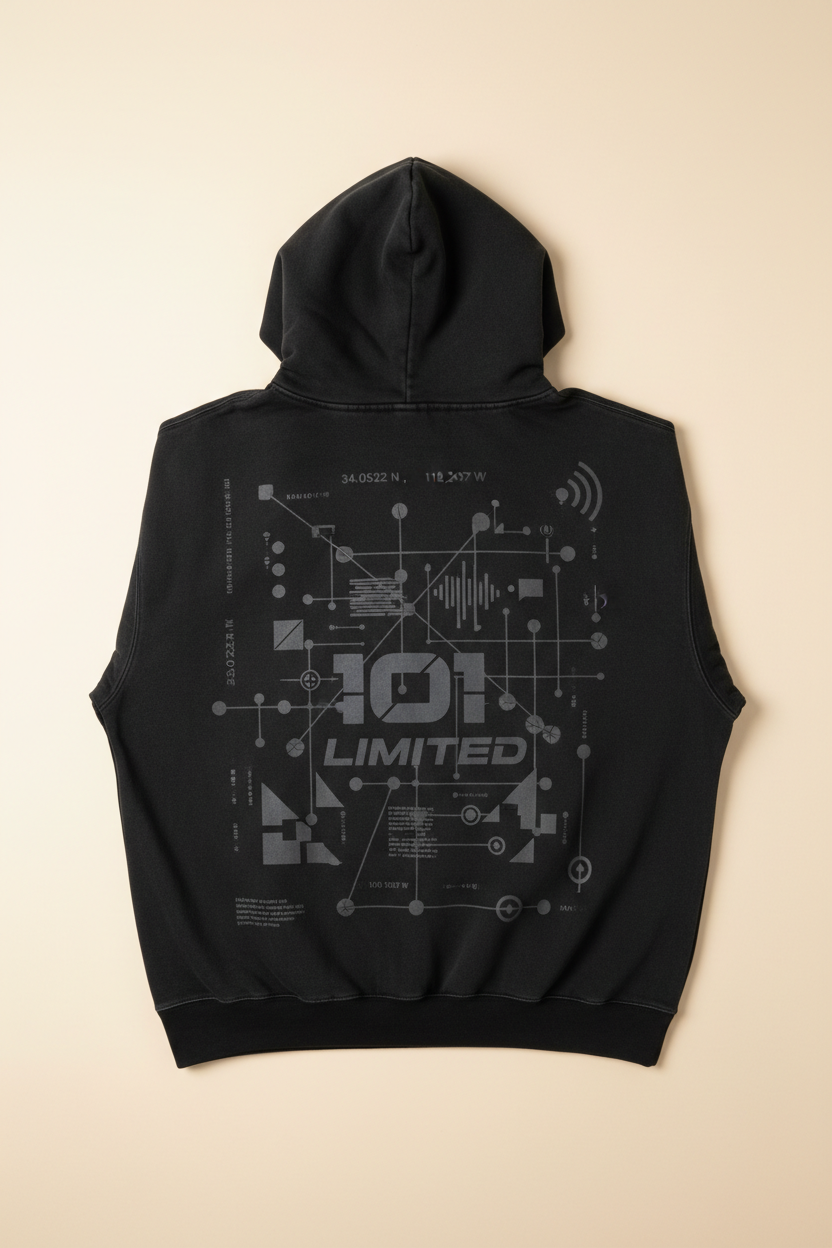 LIMITED 101 SIGNAL HOODIE back — abstract SIGNAL graphic