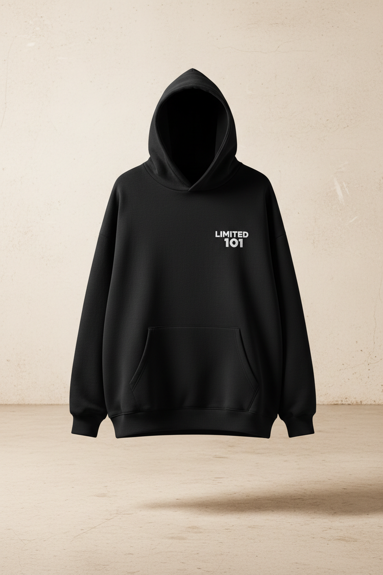 The 101 Core Hoodie by LIMITED 101 — black heavyweight oversized hoodie front view