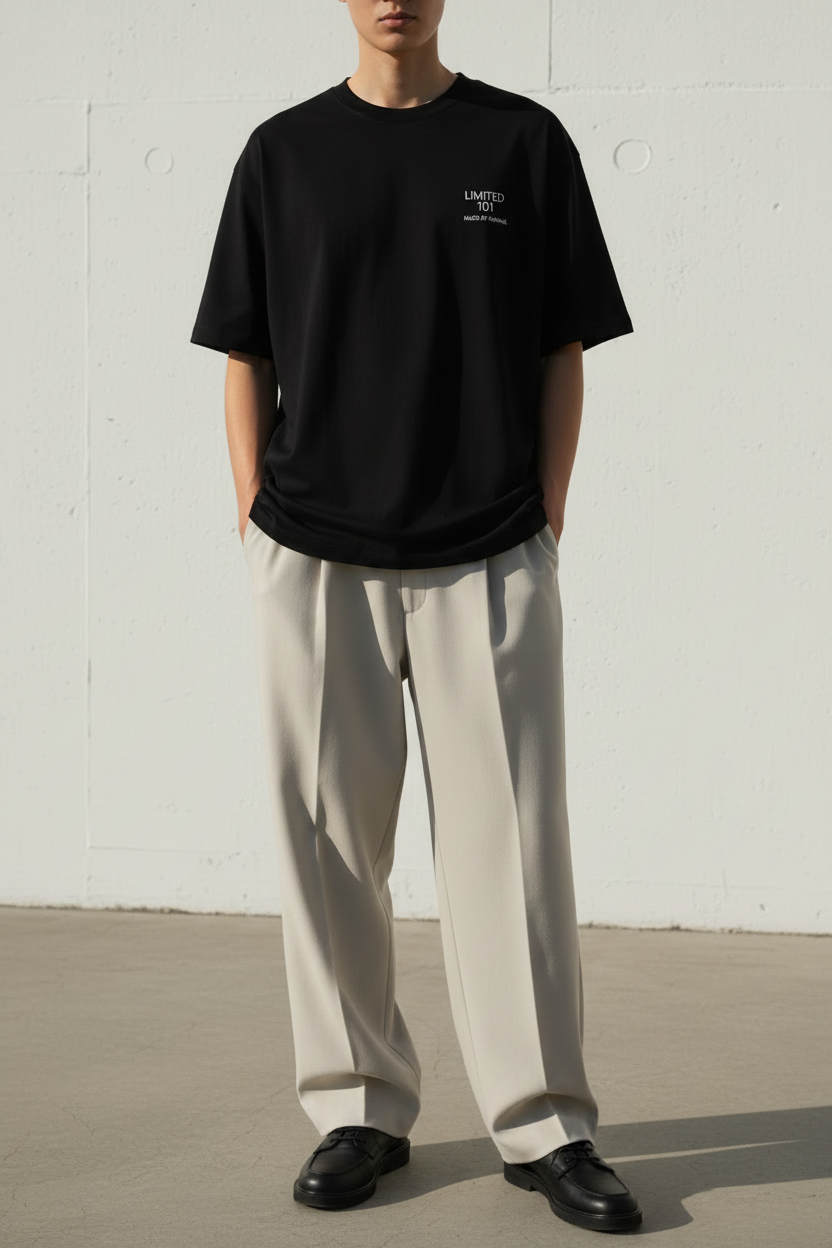 LIMITED 101 HUMAN TEE worn by model — editorial streetwear variation