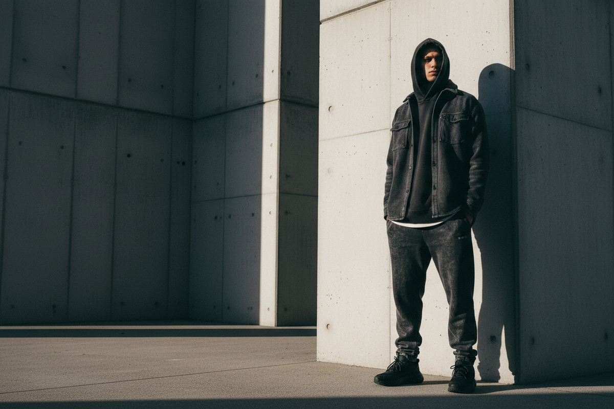 LIMITED 101 ORIGIN JOGGER wide campaign — brutalist architecture