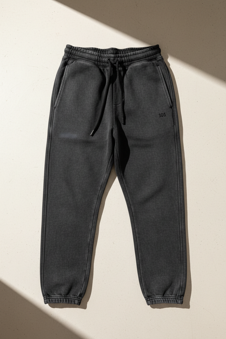 LIMITED 101 ORIGIN JOGGER front view — washed charcoal heavyweight joggers